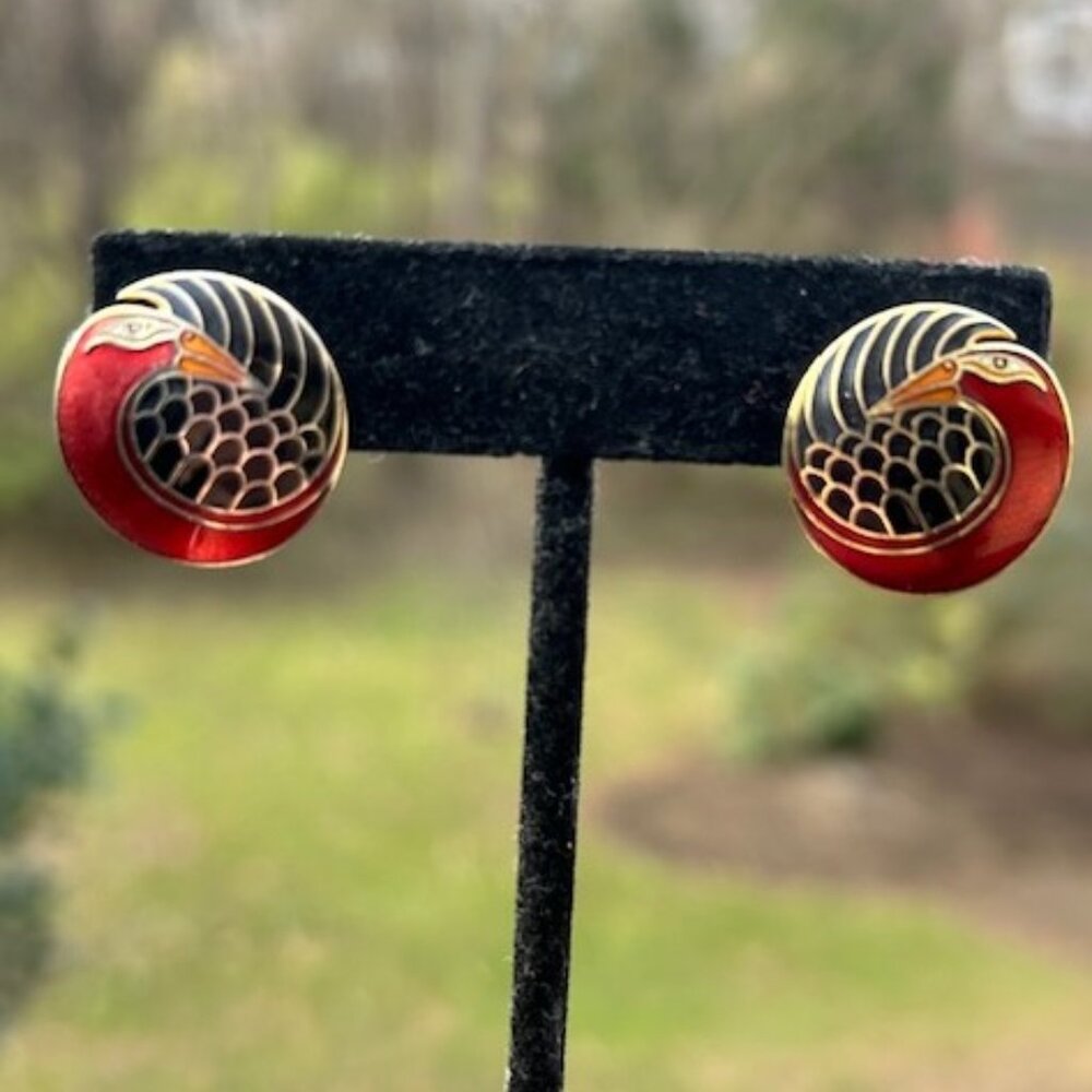 LAUREL BURCH “Minah Bird” Gold Red Black Enamel EARRINGS